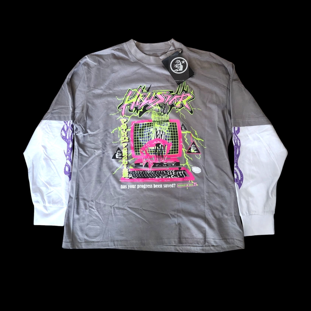 Gray and White Graphic Long Sleeve Shirt